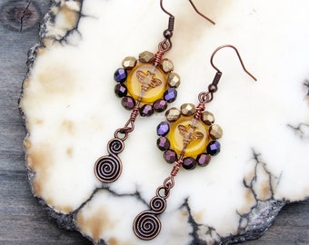 Spiral Bee Earrings beaded czech glass copper bohemian boho melissae goddess autumn colors