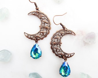 BLUE MOON Earrings with Mermaid Glass Drops Victorian Filigree Antiqued Copper