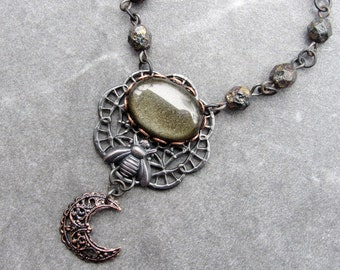 Liminal Bee Art Nouveau Necklace distressed metals golden sheen obsidian gemstone patina copper melissae gothic