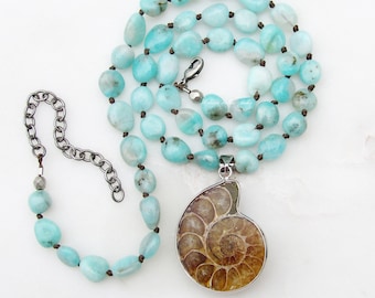 Ocean Remains Necklace Amazonite and Ammonite Beaded Knotted blue gemstone crystal fossil
