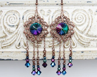 Enchanted Rainbows Fantasy Earrings Victorian antiqued copper iridescent swarovski crystal elements