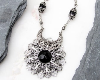 Dark Moonflower Victorian Gothic Moon Necklace antiqued sterling silver plated black glass