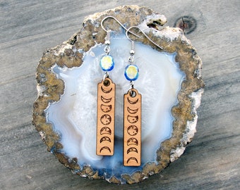 Mystic Moon Phase Carved Wood Earrings with Twilight AB czech glass bohemian moonphase