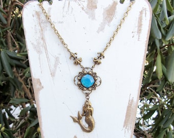 Mermaid Dreams Necklace Art Nouveau Fantasy caribbean blue opal austrian crystal antiqued brass