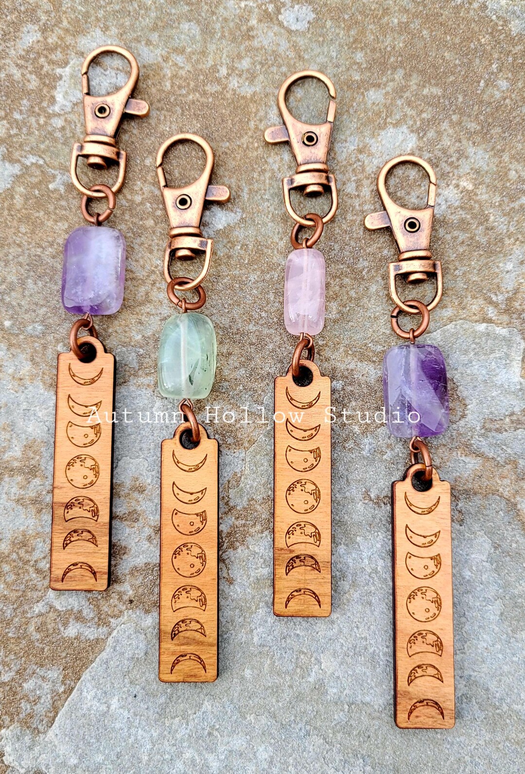 Gemstone Moon Phase Keychain, Choice of Amethyst, Prehnite, Rose Quartz ...