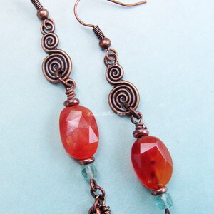 Summer Sunset Spiral Earrings carnelian blue apatite pink quartz gemstone crystal copper bohemian image 3