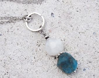 Moonstone and Blue Apatite Pendant Necklace with 28" chain layering delicate dainty gemstone crystal bohemian