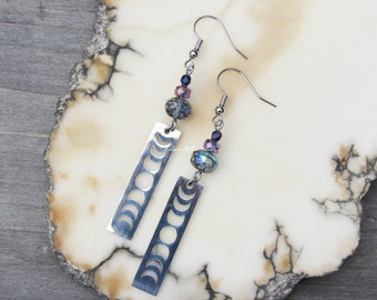 Mystical Moon Phase Earrings beaded czech glass celestial stainless steel bohemian boho iridescent purple blue