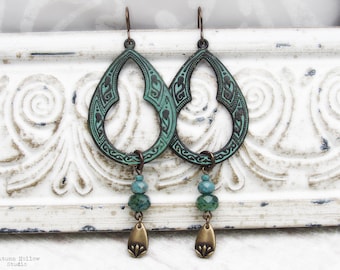 Rustic Patina Brass Hoop Earrings with picasso czech glass lotus drops bohemian style