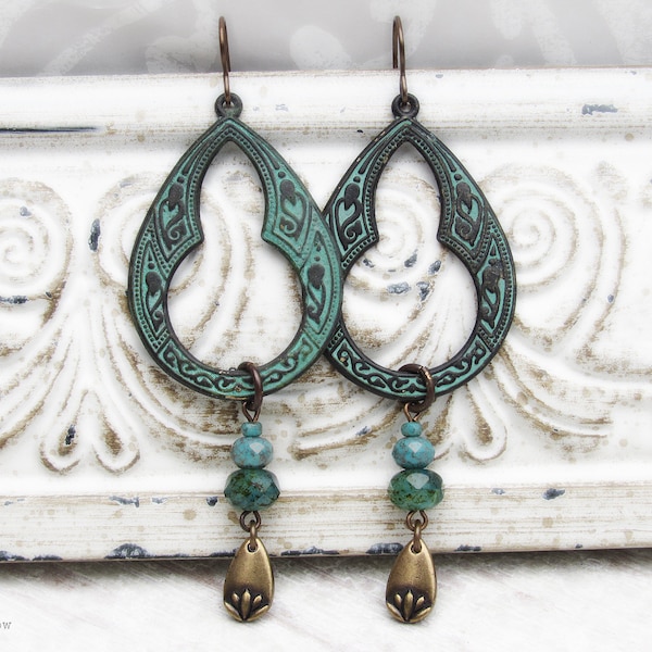 Rustic Patina Brass Hoop Earrings with picasso czech glass lotus drops bohemian style