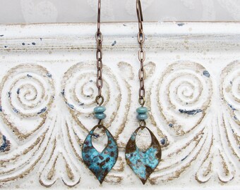 Ocean Tides Patina Brass Hoop Earrings with czech glass beads boho bohemian style blue verdigris