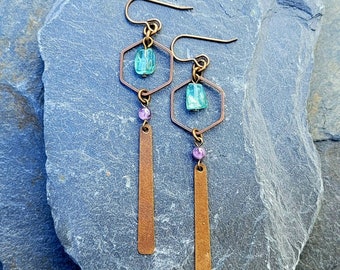 Blue Apatite and Amethyst Brass Geometric Wire Hoop Earrings modern boho raw gemstone