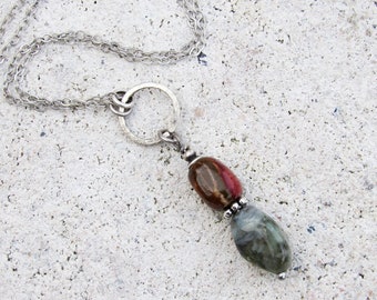 Red and Green Jasper Pendant Necklace with 28" chain layering delicate dainty gemstone crystal bohemian