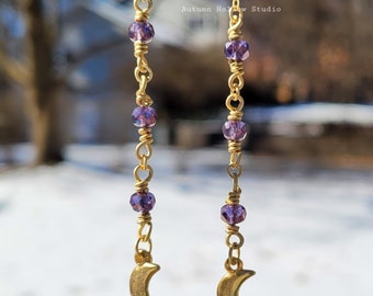 Dangly Magical Moon Earrings with iridescent purple czech glass 10k gold plated metals chain bohemian crescent