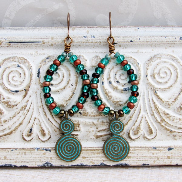 Spiral Goddess Beaded Earrings Turquoise and Copper Czech Glass Hoop bohemian patina earthy