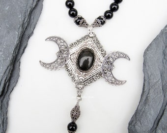 Triple Moon Goddess Black Onyx Gemstone Beaded Necklace golden sheen obsidian victorian gothic