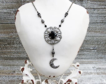 Night Goddess Victorian Gothic Moon Necklace antiqued sterling silver plated black czech glass