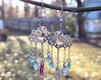 SUMMER STORM Earrings blue apatite purple quartz moon drops raindrops boho dangly celestial stainless steel