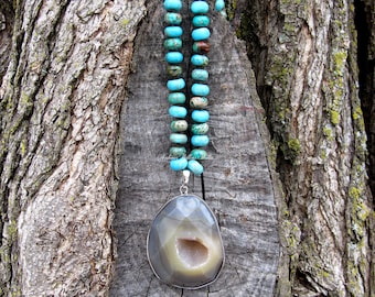 Sea Sediment Knotted Stone Necklace Jasper and Agate Beaded gemstone crystal ocean blue druzy