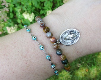 Ocean Jasper Miraculous Medal Bracelet Virgin Mary beaded gemstone adjustable confirmation gift