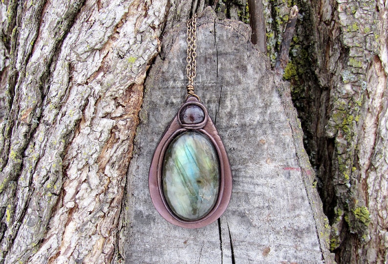 Labradorite and Amethyst Necklace, artisan crafted, handmade polymer clay pendant with chain image 3