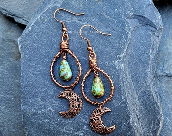 Moon and Vine Copper Wire Wrapped Hoop Earrings mottled czech glass bohemian