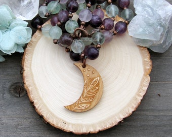 Serenity Fluorite Carved Moon Knotted Necklace gemstone crystal beaded maple wood bohemian