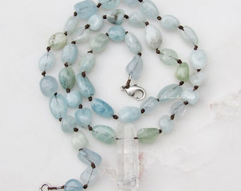 BLUE SKIES Aquamarine Clear Quartz Necklace beaded knotted gemstone crystal