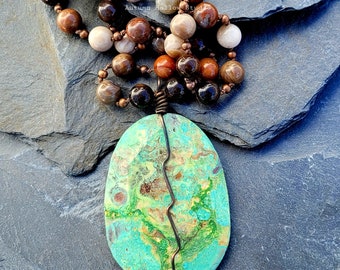 Earth Song Necklace Petrified Wood and Mushroom Jasper Gemstone Beaded Knotted crystal