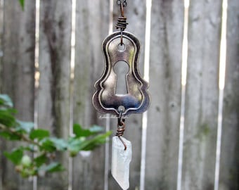 Victorian Keyhole Necklace, Clear Quartz Crystal, Steampunk Pendant