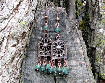 Ancient Roman Glass Chandelier Earrings, copper, bohemian, statement earring