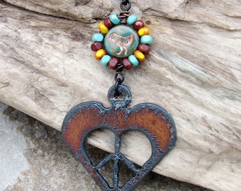 Peace and Love Necklace made with picasso czech glass, recycled rusted iron, bohemian, hippie, boho style, colorful free spirit, rustic