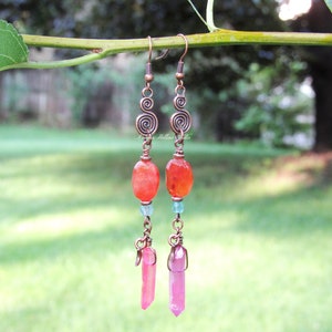 Summer Sunset Spiral Earrings carnelian blue apatite pink quartz gemstone crystal copper bohemian image 1