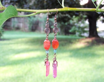 Summer Sunset Spiral Earrings carnelian blue apatite pink quartz gemstone crystal copper bohemian