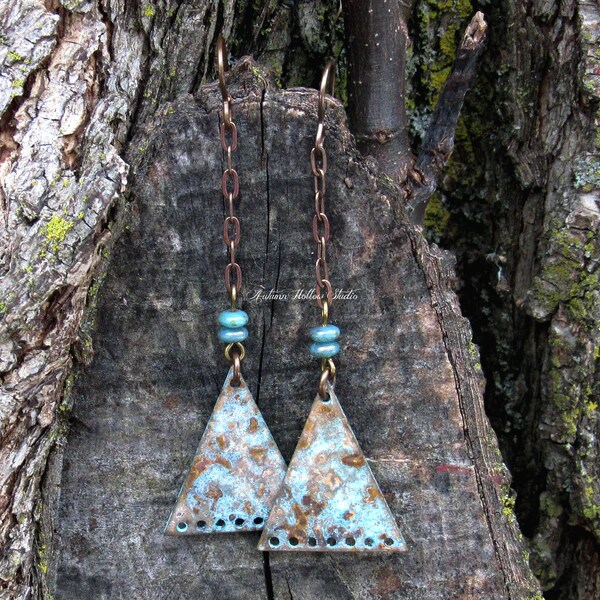 DECAY Distressed Patina Triangle Earrings western boho vintaj brass czech glass