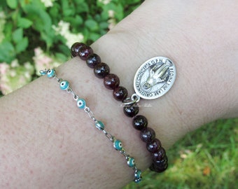 Garnet Stone Miraculous Medal Bracelet Virgin Mary beaded gemstone adjustable confirmation gift