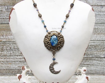 The Sea Priestess Victorian Necklace antiqued brass blue harlequin glass opal moon