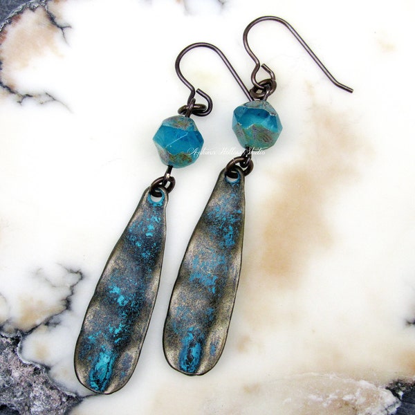 Aqua Drops Patina Brass Earrings picasso czech glass antiqued metals blue turquoise