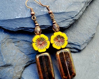 Sunflower Dreams Earrings picasso czech glass bohemian autumn copper