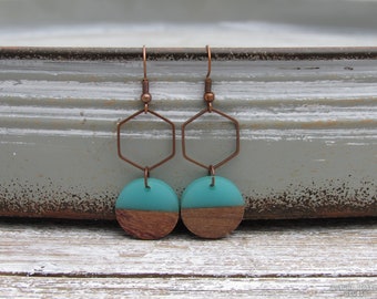 Geometric Copper Earrings walnut wood seafoam resin modern boho bohemian hoops