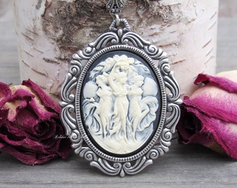 Kharites Three Graces Cameo Necklace art nouveau antiqued silver Greek mythology