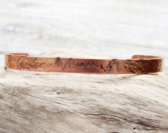 INTO THE WILD Stamped Bracelet Mountain Scene Copper Hammered Cuff Bangle Open Adjustable Forest Trees Adirondacks