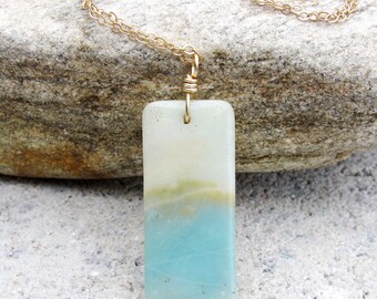Sand and Sea Amazonite Necklace Wrapped Pendant with brass chain raw gemstone crystal bohemian