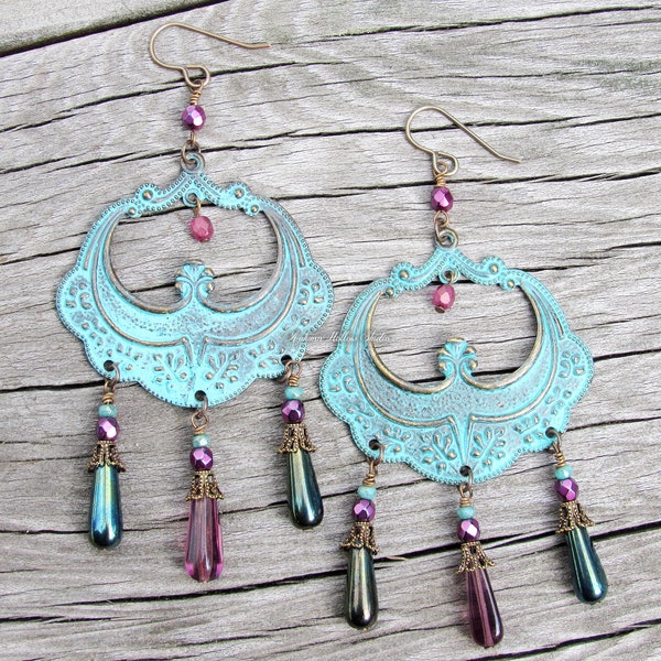 Carnevale Boho Style Chandelier Earrings Patina Czech Glass beaded bohemian vintaj brass