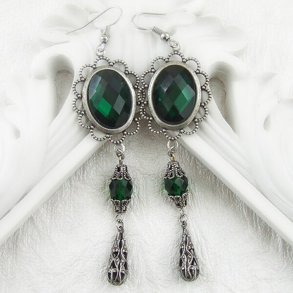 ENCHANTRESS "Evanora" Victorian Emerald Glass Vintage Filigree  Earrings