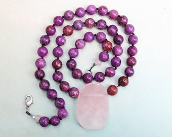 LOVER Lepidolite and Rose Quartz Crystal Gemstone Beaded Knotted Necklace bohemian