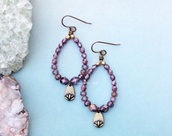 Lotus Blooms Beaded Purple Czech Glass Hoop Earrings, bohemian
