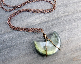 Dark Moon Labradorite Necklace Wire wrapped Gemstone Crystal Copper chain pendant crescent