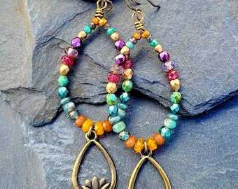 Earthy Lotus Beaded Hoop Earrings colorful czech glass boho bohemian