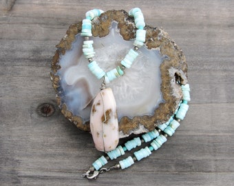 Caribbean Cove Natural Peruvian Opal Gemstone Beaded Necklace pink blue crystal